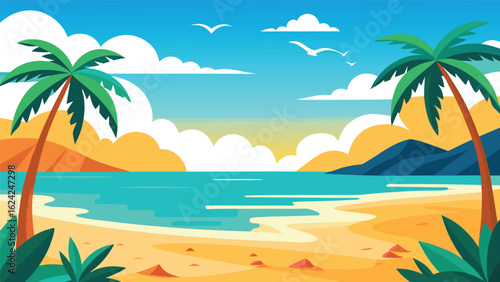 Vibrant tropical beach paradise with palm trees and ocean waves