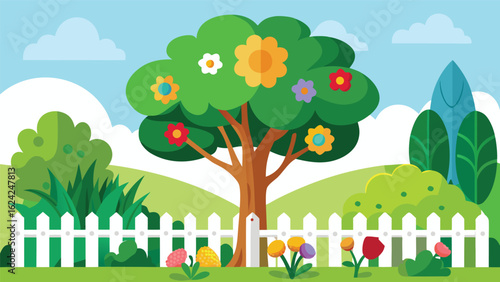 Vibrant spring garden with blooming tree and white picket fence