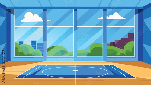 Bright gym studio with large windows and sports court