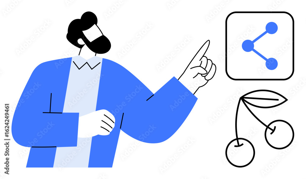 Male figure pointing toward a sharing icon with a simple cherry sketch highlighting connection, sharing, and collaboration. Ideal for digital tools, social networking, education, teamwork Male figure pointing toward a sharing icon with a simple cherry sketch highlighting connection, sharing, and collaboration. Ideal for digital tools, social networking, education, teamwork