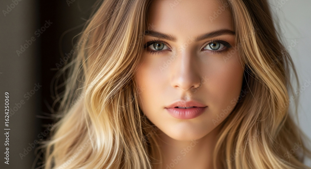 Fototapeta premium Radiant beauty gazes forward blonde highlights
