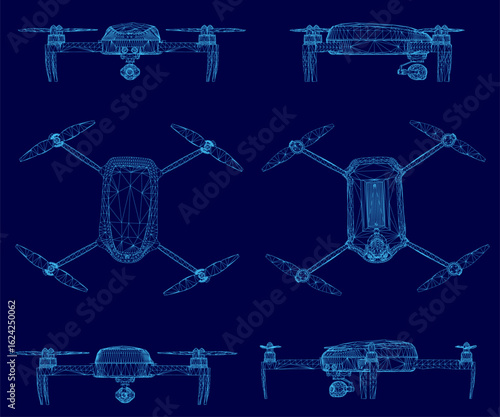 Distinct drones displayed on a blue background in a clean grid layout, each featuring unique wireframe designs. The white drones contrast sharply against the vibrant backdrop.