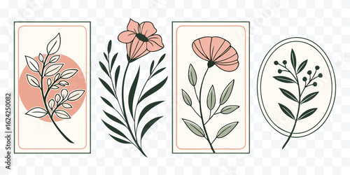 Minimalist Floral Botanical Illustration Set of Four Designs for Print and Web use in Elegant Style