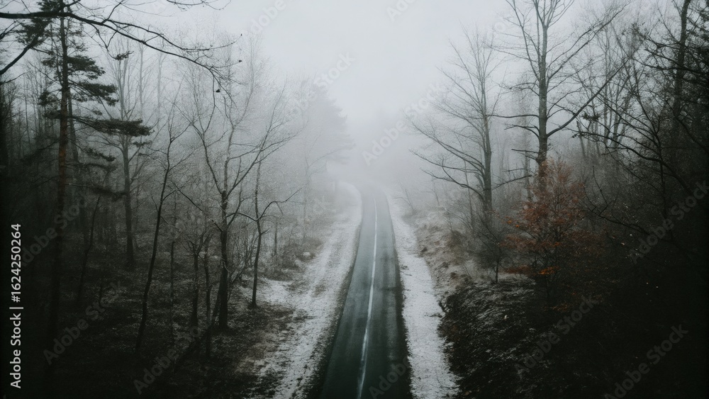 Obraz premium A misty road between birch and pine trees.