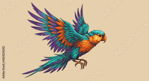 A vibrant parrot in flight, showcasing colorful plumage against a neutral background.