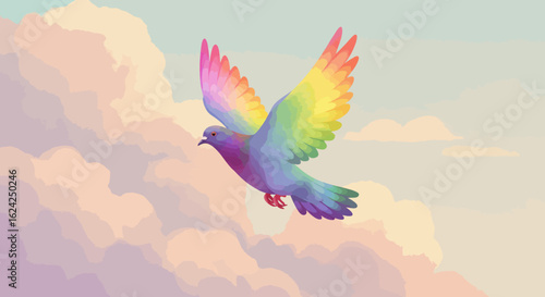 A colorful pigeon with rainbow wings soars through a pastel sky filled with soft clouds.
