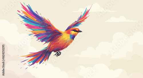 Colorful bird in flight against a soft sky background, vibrant plumage.