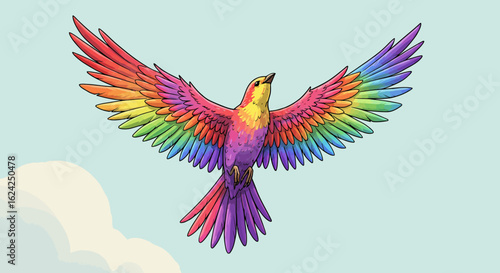 A vibrant rainbow-colored bird soars gracefully against a soft blue sky, its wings outstretched in a majestic flight.