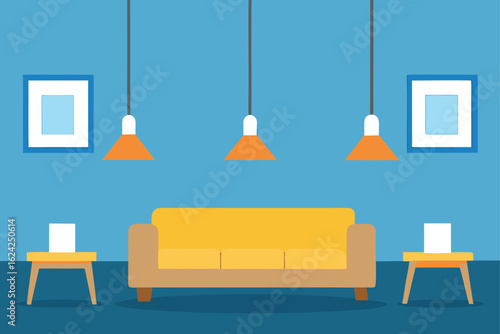 open ceiling living room with hanging lights   (1).eps