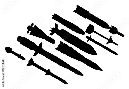 Black and white silhouette of multiple warheads arranged in a straight line. The stark contrast against the white background highlights each projectile clearly.