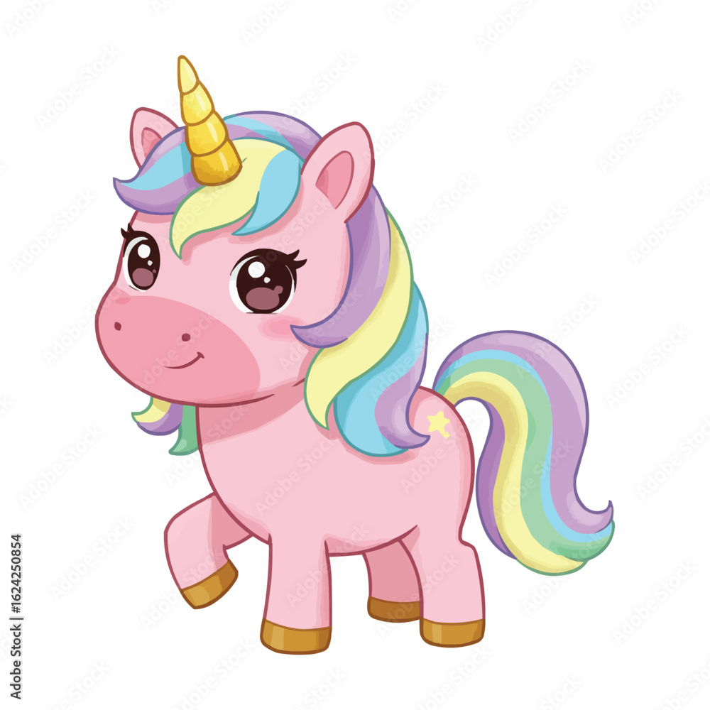 Naklejka premium Cute Pink Unicorn with Rainbow Mane and Golden Horn