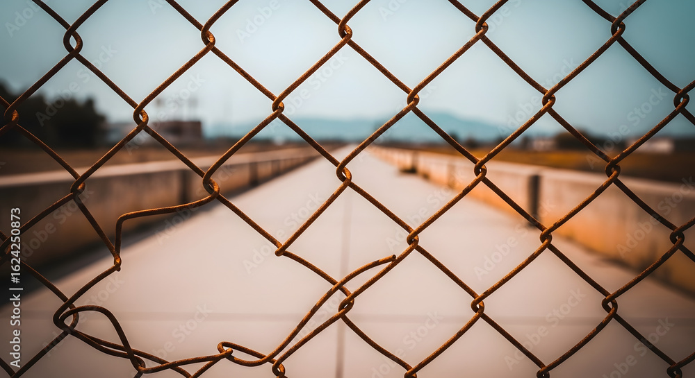 Fototapeta premium Rusty Chain Link Fence with Broken Section Overlooking Path
