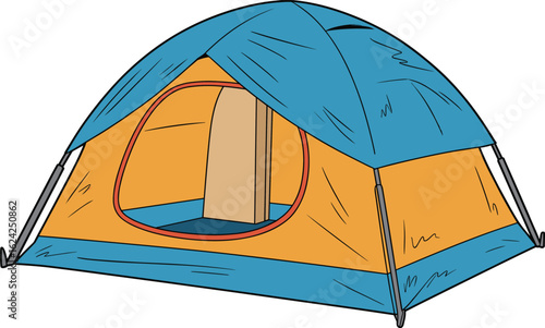 Cartoon camping tent with open door, vector outdoor shelter illustration, travel gear for adventure, hiking camp equipment, colorful tent clipart