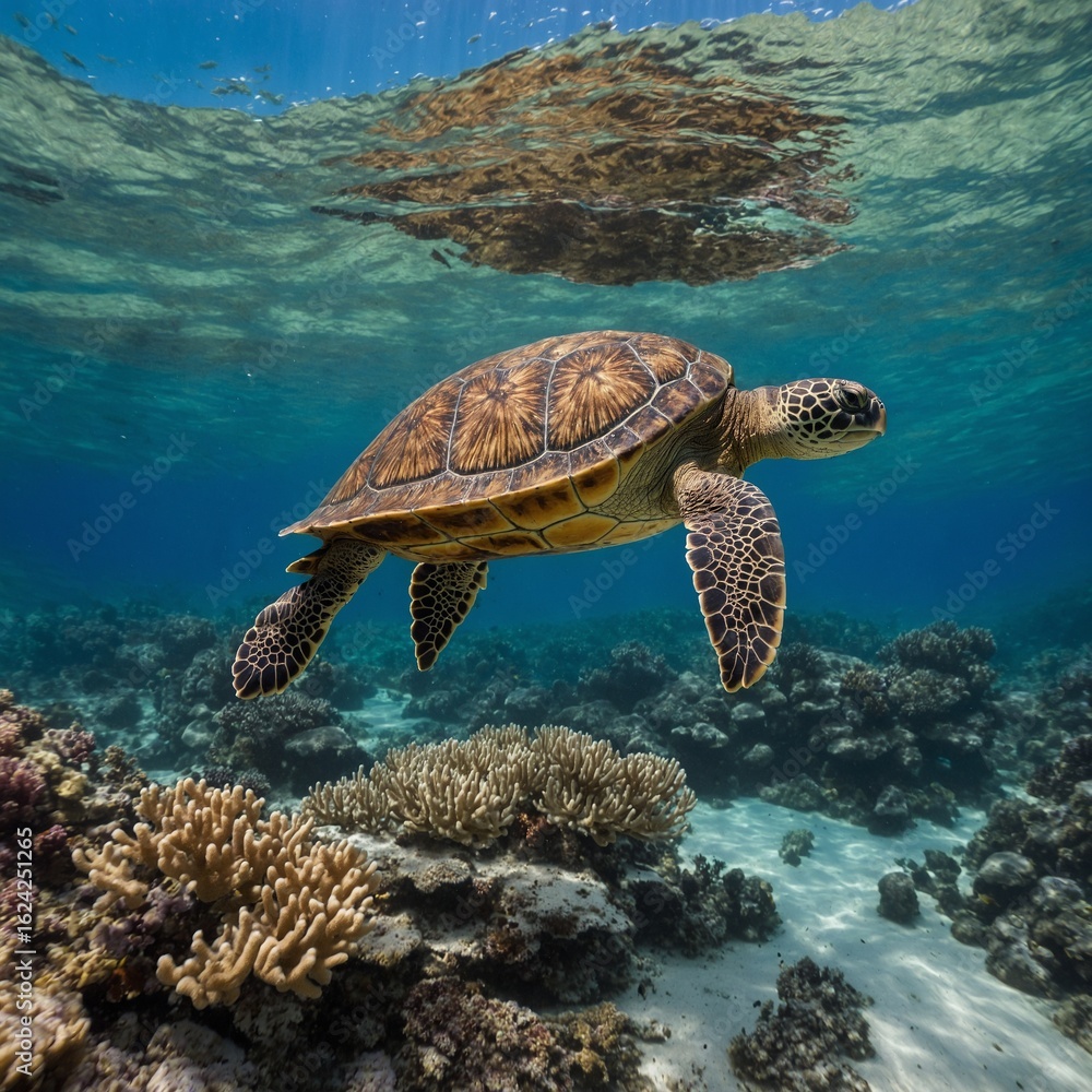 Obraz premium A turtle swimming in a coral reef