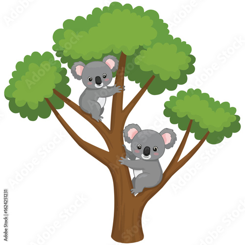  Cute Cartoon Koala Bears Climbing Eucalyptus Tree