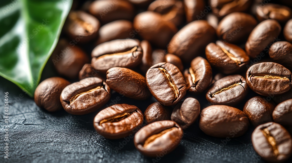 Naklejka premium A high detail macro shot of roasted coffee beans rich