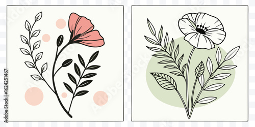 Elegant botanical art prints featuring delicate floral arrangements and minimalist design elements creating a sophisticated aesthetic for home decor