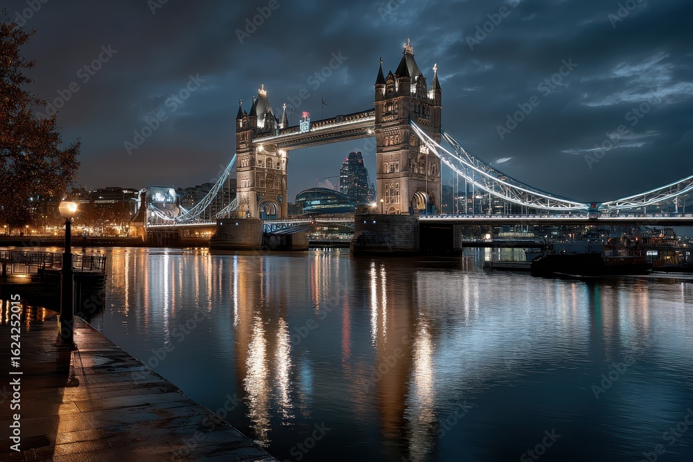 Obraz premium Illuminated Tower Bridge at night showcasing the vibrant lights reflecting on the River Thames in London, capturing the architectural beauty and serenity of the iconic landmark
