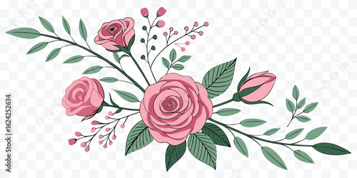 Elegant Floral Arrangement with Pink Roses and Green Leaves for Wedding and Celebration Design Projects