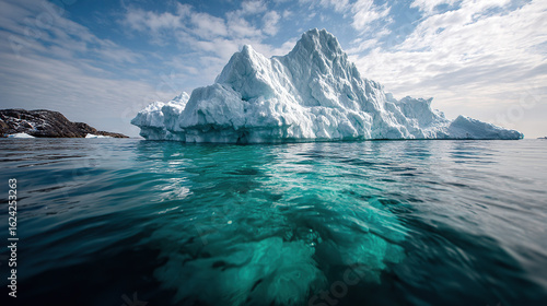 Towering iceberg in azure waters with distant mountains; nature stock image