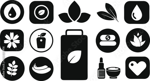 Natural and Organic Skincare Icons on Black Background vector illustration