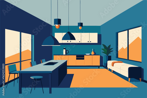 open plan living room and kitchen layout  .eps
