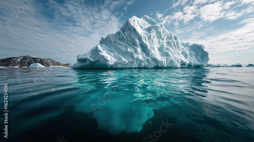 Floating iceberg in calm ocean with cloudy sky; ideal for polar stock images