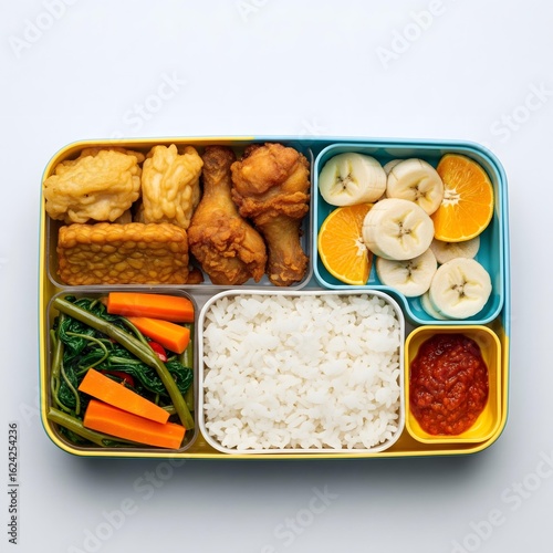 Flat Lay of Traditional Indonesian School Lunchbox for Kids