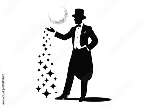 Magician in top hat conjures stars from crescent moon