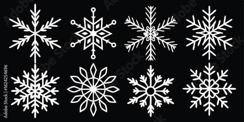 Collection of Artistic White Snowflakes on a Black Background Winter Holiday Design Elements for Festive Season