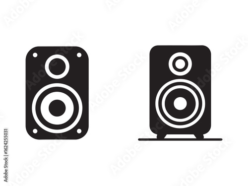 Simple black and white illustration of two stereo speakers.