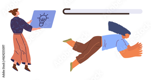 Woman presenting idea on board while another person strives to reach goal represented by progress bar. Ideal for teamwork, innovation, motivation, progress, effort, project management, simple flat