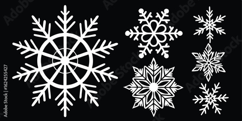 Collection of Intricate White Snowflakes on Black Background for Winter Holiday Season and Christmas Designs