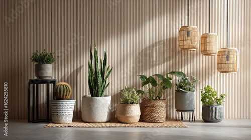 Assorted potted succulents on beige background; stock photo for greenery