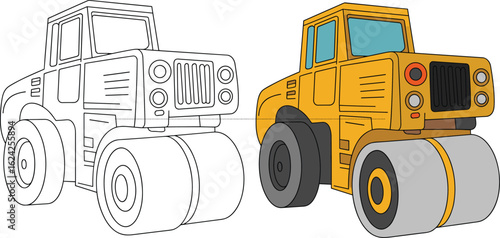 Construction road roller vehicle illustration, heavy machinery drawing, industrial equipment sketch, orange compactor truck image, construction site equipment art