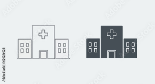 Set of two hospital building icons, featuring a minimalist line art and a solid glyph style with a central medical cross symbol.