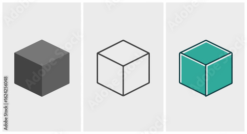 A set of three isometric cube icons presented in different graphic design styles: solid, outline, and colored.