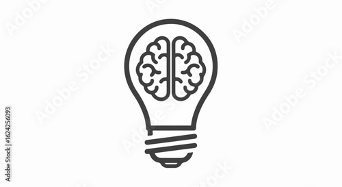 Black line art icon of a brain inside a lightbulb, a symbol of creative thinking, ideas, and intelligence.