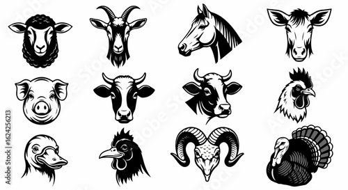 Collection of Monochrome Farm Animal Heads: Sheep, Goat, Horse, Donkey, Pig, Cow, Rooster, Duck, Chicken, Ram, Turkey