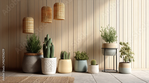 Hanging woven lamps above potted plants; boho interior stock photo