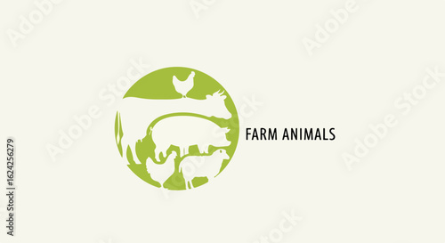 Farm Animals Green Circle Logo: Cow, Pig, Sheep, and Chicken Silhouettes