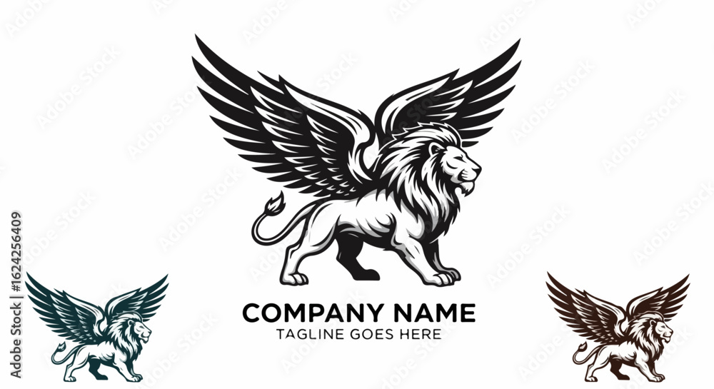 Fototapeta premium Majestic Winged Lion Logo: Powerful Black and White Design