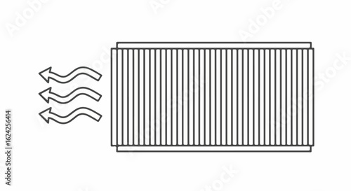 Minimalist black outline icon of a rectangular radiator or filter with wavy heat flow arrows.