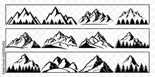 Collection of mountain range outlines with trees in silhouette offering adventure and outdoor themes for design and print projects