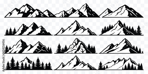 Monochrome mountain range silhouettes with pine trees isolated vector set scenic landscape design element for outdoor adventure or travel theme graphics