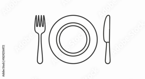 Minimalist line art icon of a place setting with a fork, a double-rimmed plate, and a table knife.