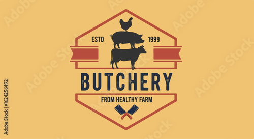 Retro butchery emblem with stacked farm animal silhouettes, crossed cleavers, and a distressed, vintage style.