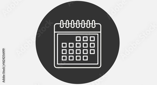 Minimalist white line art calendar icon with spiral binding on a dark circle.