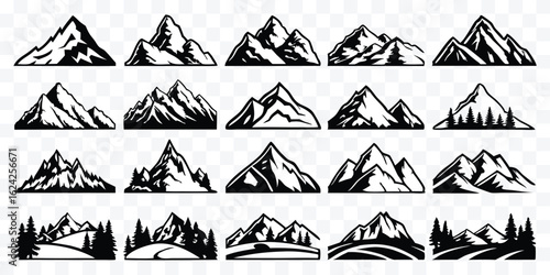 Collection of Mountain Range Silhouettes for Outdoor Adventure Designs and Nature Inspired Graphics in Black and White Style