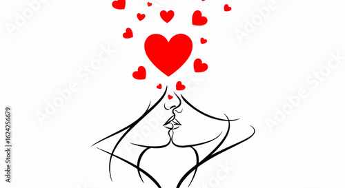 Affectionate Kiss with Hearts, Outline Style
